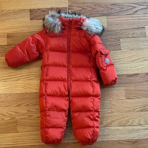 Moncler Red Infant Down One-Piece Snowsuit with Fur Hood
